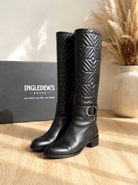 Made in Italy Black Leather Knee High Boots Size 39 Slim Calf Quilted